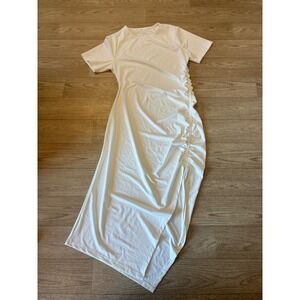 Unbranded White Short Sleeve Ruched Side Drawstring Asymmetrical Midi Dress XL